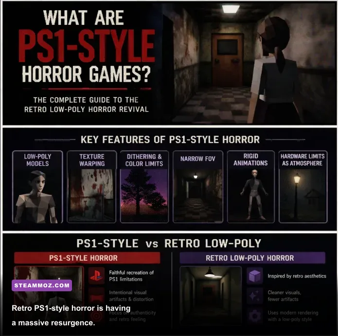 Low-poly PS1 style horror monster in dark corridor