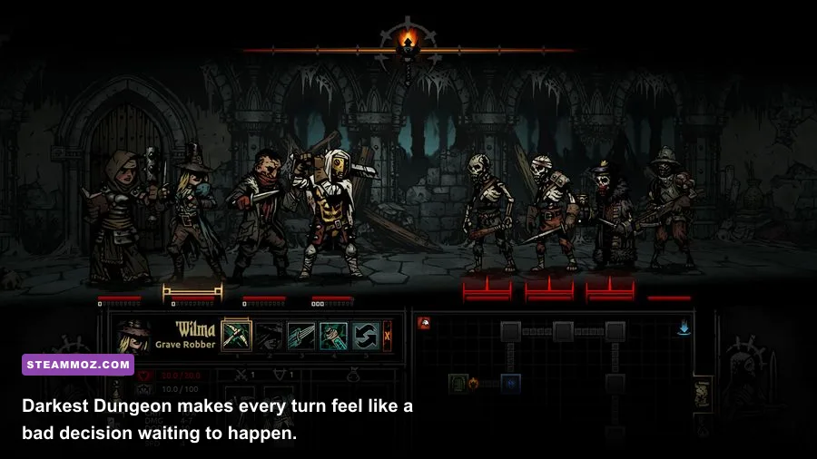 Darkest Dungeon party fighting enemies in a torchlit dungeon corridor