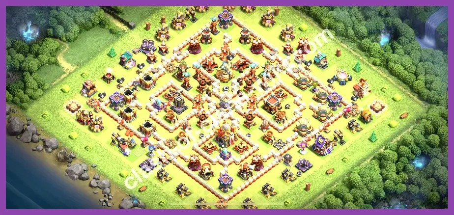 Clash of Clans Town Hall 16 village with detailed buildings and defenses