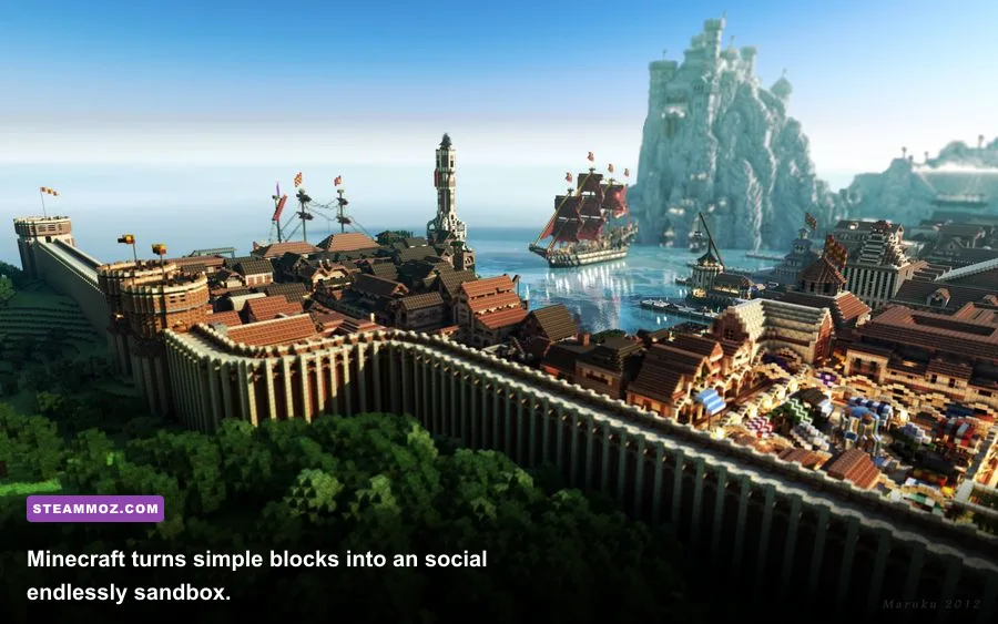 Players building a large medieval city together on a Minecraft multiplayer server