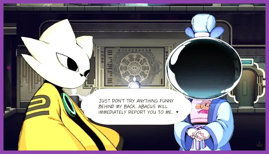 Player character Yi talking to a resident NPC in Nine Sols