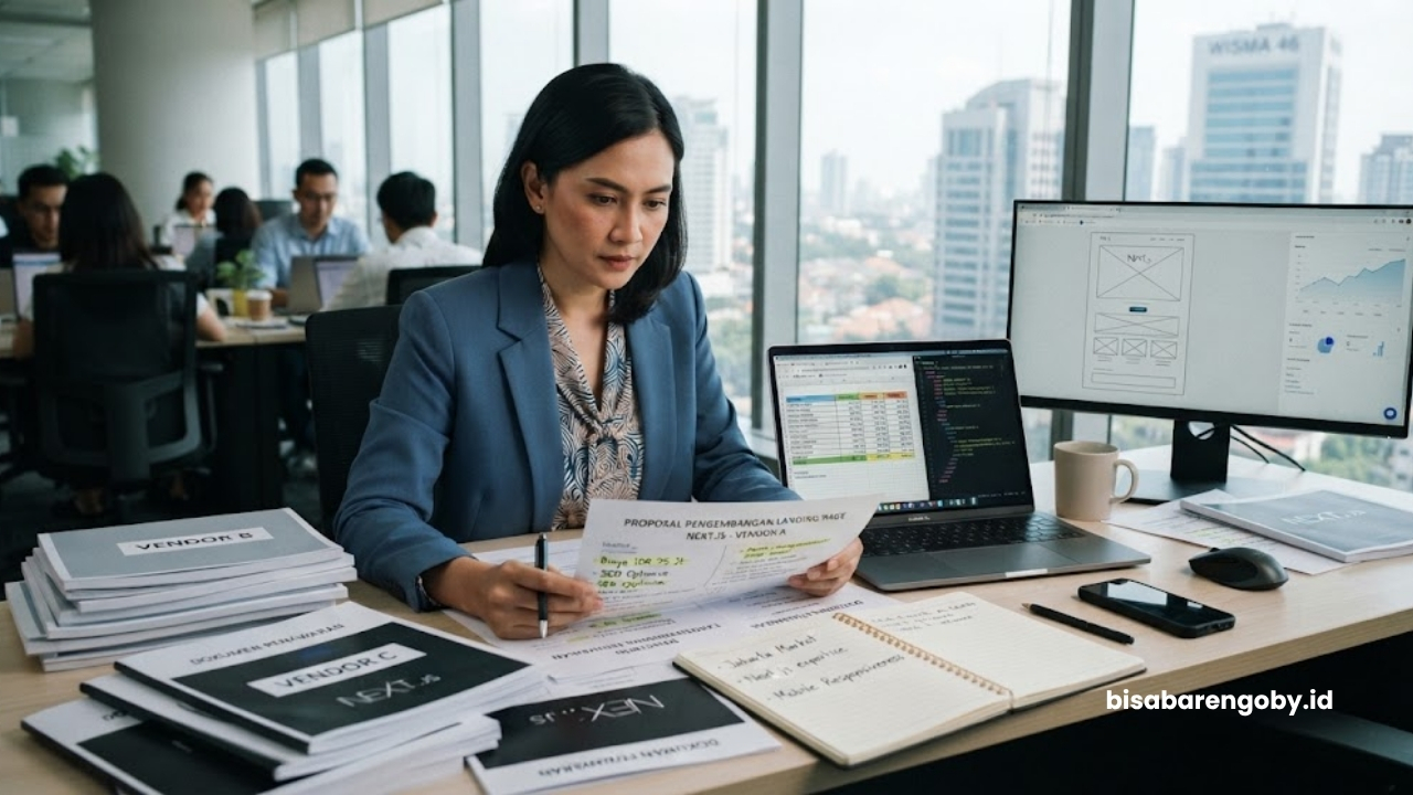 Manajer pemasaran menyeleksi dokumen penawaran saat mengevaluasi vendor landing page untuk perusahaan di Jakarta berbasis Next.js