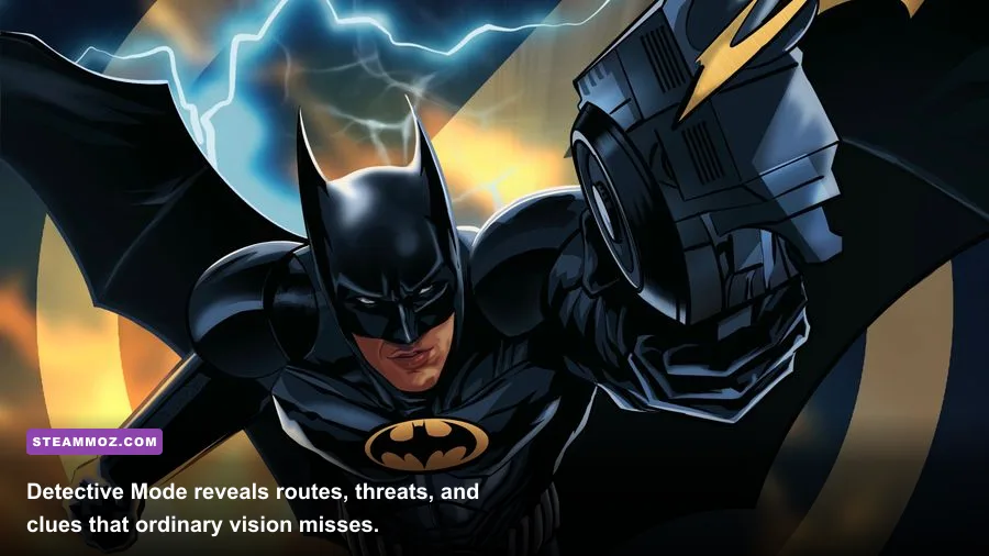 Batman using Detective Mode to investigate a crime scene in Gotham City