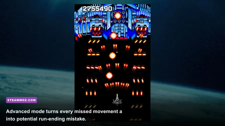 ESCHATOS Advanced mode screenshot showing dense bullet patterns and enemy formations