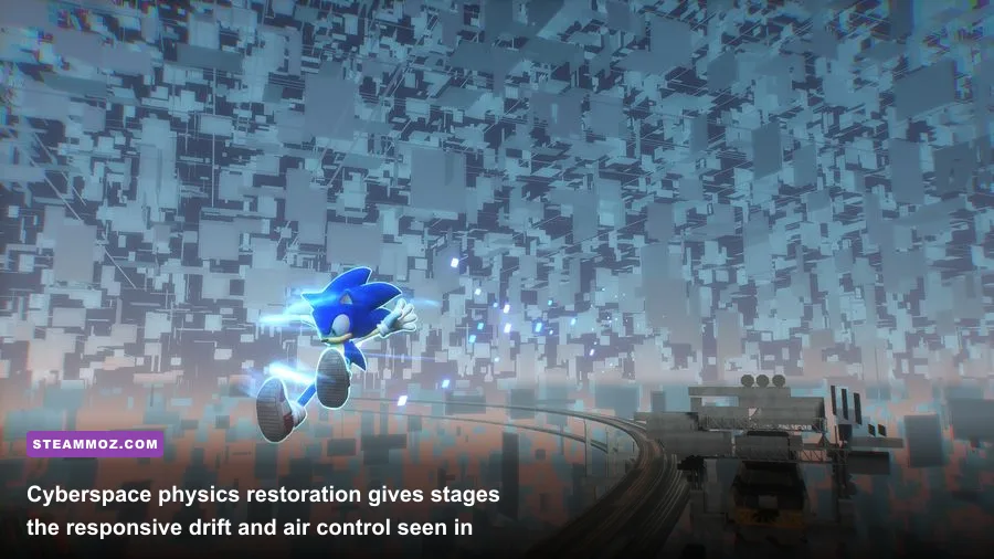 Sonic speeding through Cyberspace Stage 1-2 with refined camera angles and smooth turning