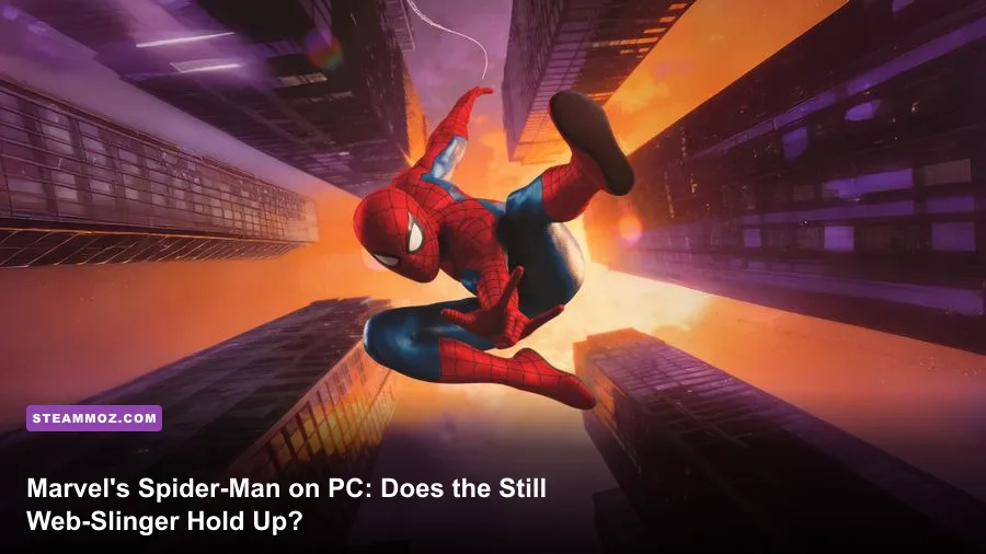 Spider-Man swinging between skyscrapers in Marvels Spider-Man Remastered on PC