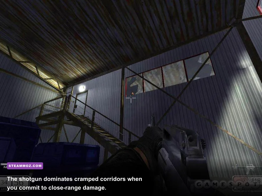 Chaser 2003 shotgun blast against an enemy in a narrow corridor