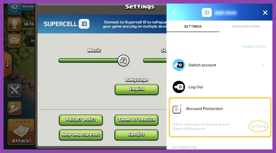 Supercell ID Account Protection setup showing security codes and two-factor authentication