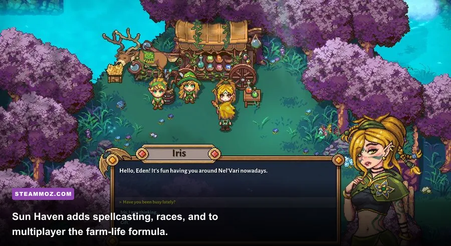 Sun Haven fantasy farming gameplay showing a player near Nelvari