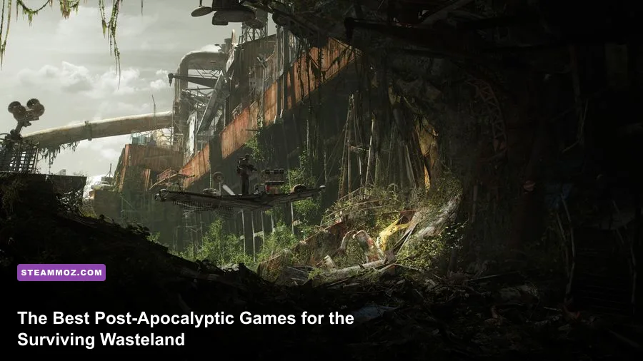 A lone survivor walks through a ruined wasteland city under a red sunset in a post-apocalyptic game