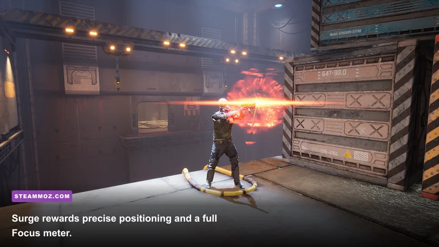 Ghostrunner Jack firing the Surge energy attack through a combat arena