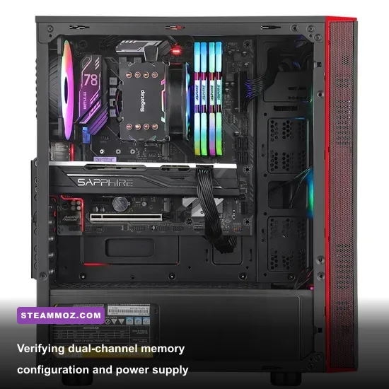 Internal view of desktop power supply shroud and dual-channel DDR5 RAM sticks