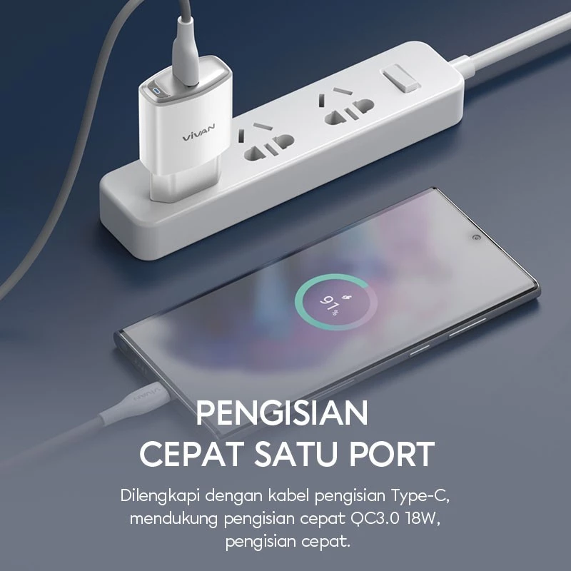 VIVAN POWER C18S Adaptor Charger 18W Usb A With Cable Usb A To Type C - Gambar 2