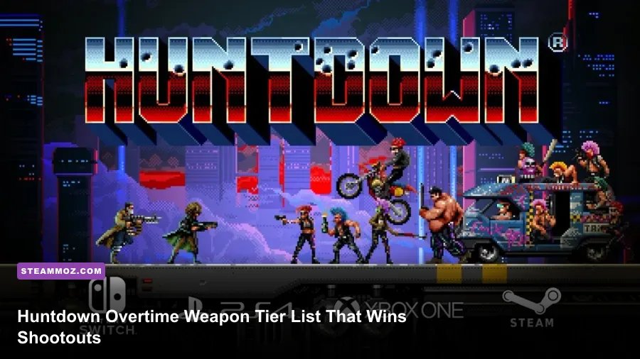 Huntdown neon cyberpunk firefight with weapons and enemies