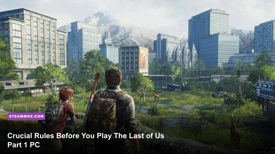 Joel and Ellie navigating an overgrown ruined city street in The Last of Us Part 1 PC