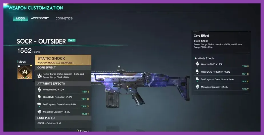In-game inventory screen displaying the SOCR Outsider rifle stats and attached elemental weapon mods.