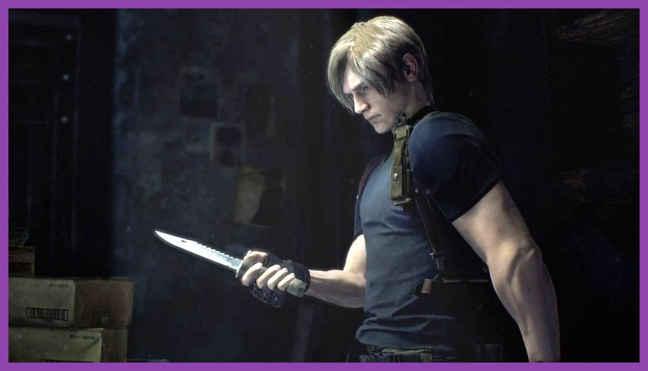 Leon Kennedy aiming a silver ghost pistol in Resident Evil 4 Remake