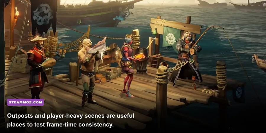 Sea of Thieves players and ships gathered at a busy island outpost