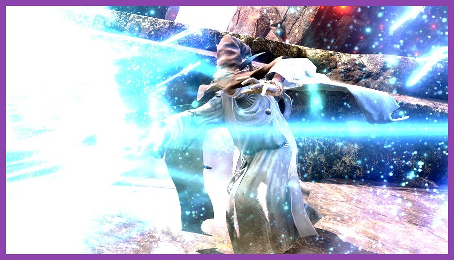 An Astrologer mage casting a powerful glintstone sorcery with a staff