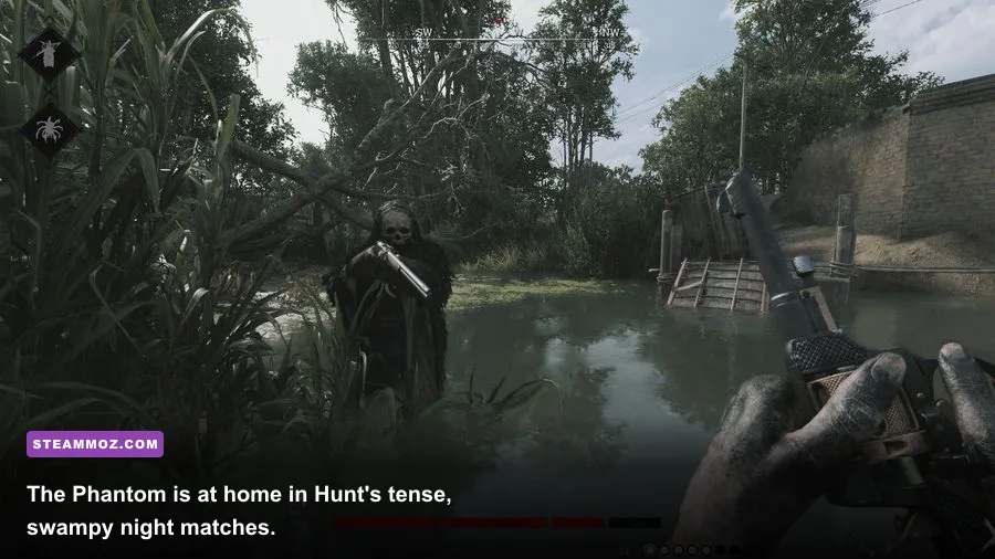 The Phantom hunter moving through Stillwater Bayou in Hunt Showdown 1896