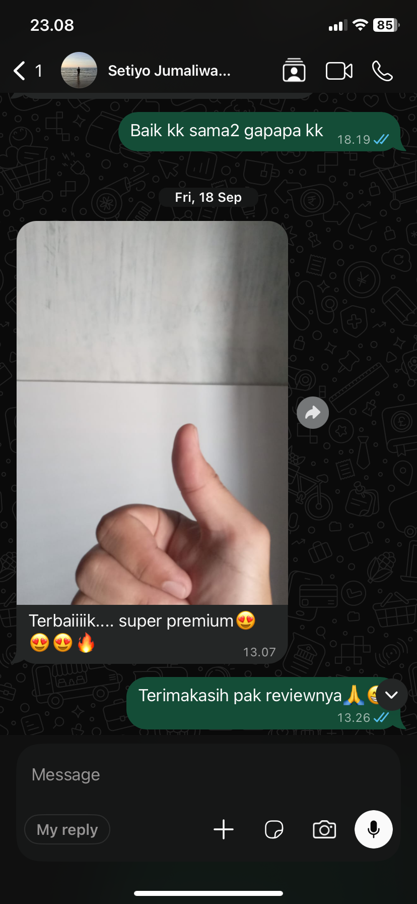 Screenshot testimoni WhatsApp customer Sasana Pigura 5