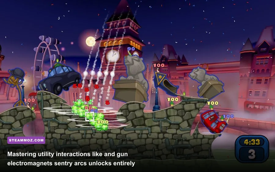An electromagnet and sentry gun placed tactically on a high ridge in Worms Reloaded