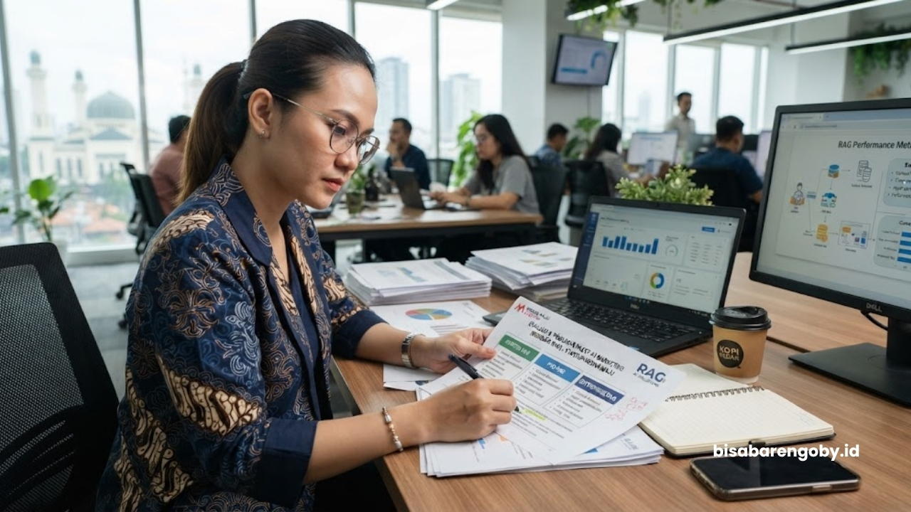Manajer pemasaran mengevaluasi dokumen penawaran saat menyeleksi paket AI Marketing untuk startup di Medan berbasis RAG