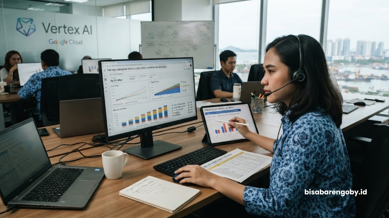 Manajer pengadaan memproyeksikan alokasi anggaran saat menyeleksi vendor AI Customer Service untuk startup di Batam berbasis Vertex AI