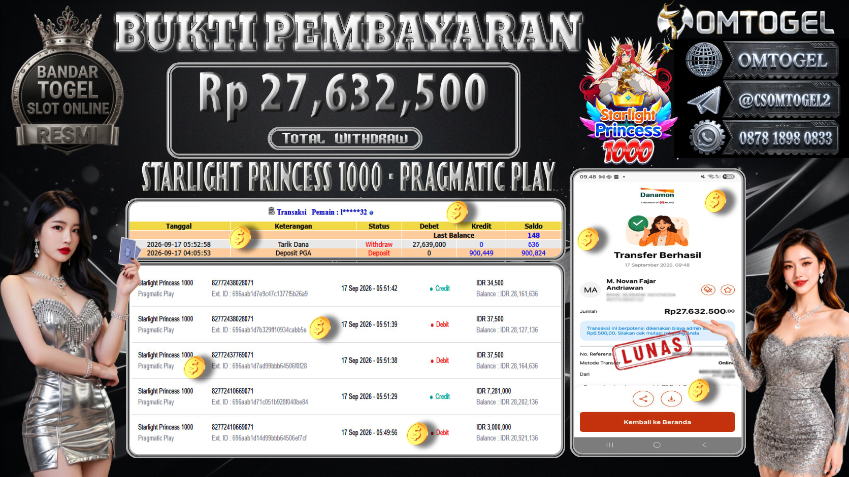 OMTOGEL JACKPOT PRAGMATIC PLAY STARLIGHT PRINCESS 1000 Rp.27,632,500,- DIBAYAR LUNAS