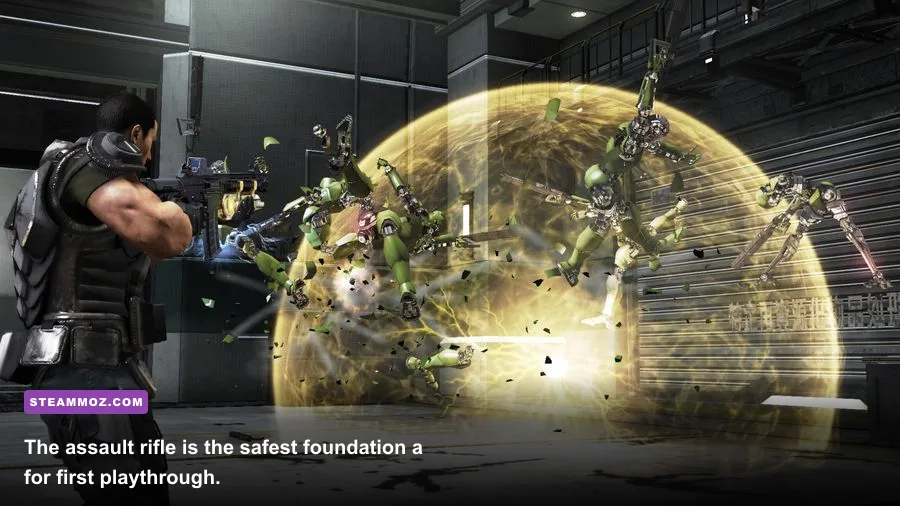 Dan Marshall using an assault rifle against a damaged robot in Binary Domain