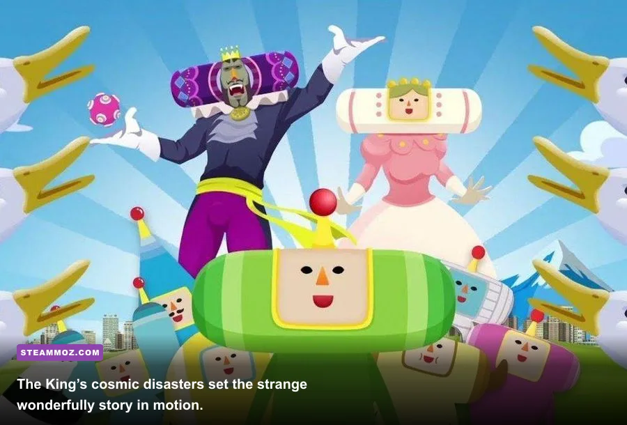 The King of All Cosmos appearing in a colorful Katamari Damacy REROLL cutscene