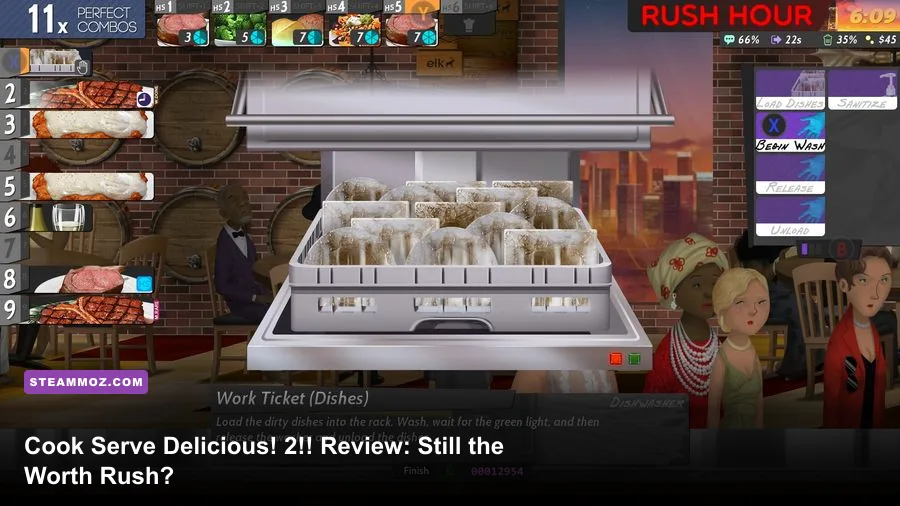 Cook Serve Delicious 2 gameplay showing a busy restaurant kitchen