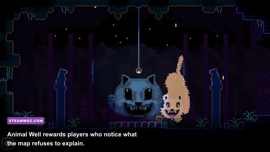 Animal Well gameplay showing a small creature navigating a neon underground world