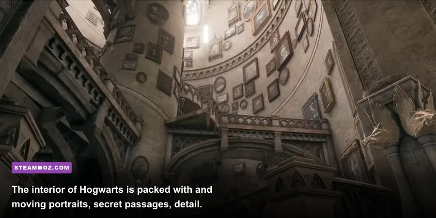 Player character walking past moving staircases and portraits in Hogwarts Legacy