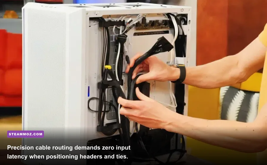 Intricate cable routing and component alignment in a high-end chassis