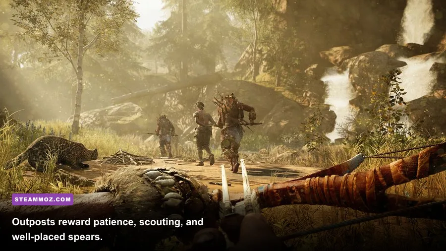 Takkar attacking a Udam outpost with a spear in Far Cry Primal