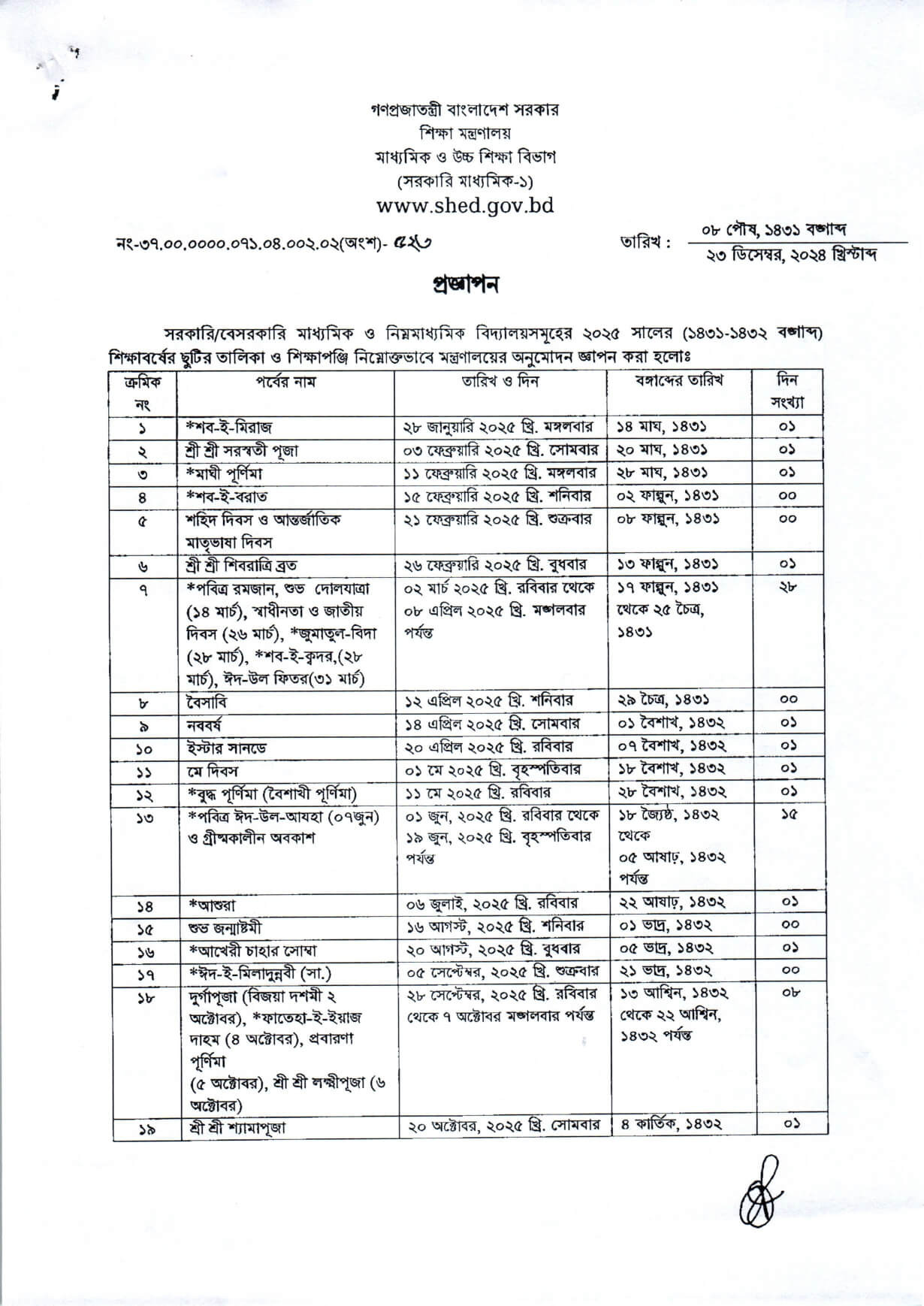 সরকারি-বেসরকারি মাধ্যমিক স্কুলের ছুটির তালিকা ২০২৫ 2 মাধ্যমিক স্কুলের ছুটির তালিকা ২০২৫