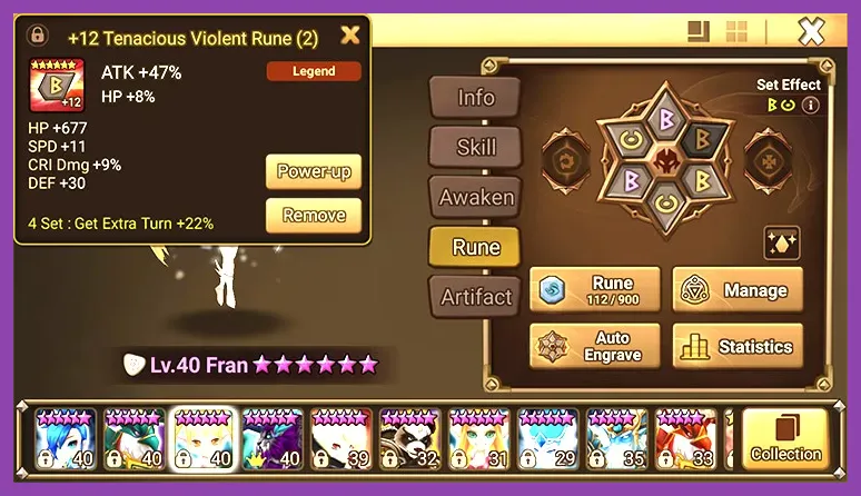 Summoners War monster rune upgrade screen with high speed substats