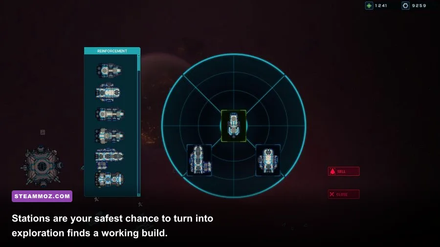 Battlevoid Harbinger station interface displaying ship weapons and equipment upgrades