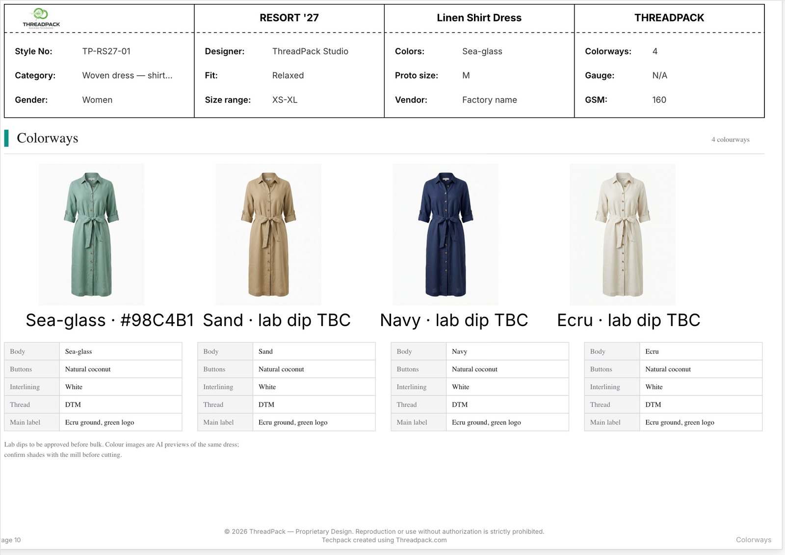 Tech pack page 10: four colorways of the linen shirt dress