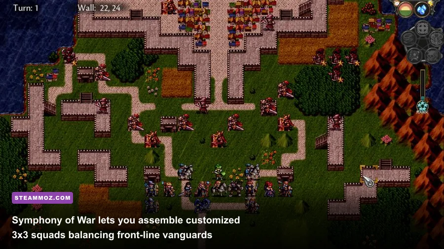 Symphony of War tactical combat screen showing 3x3 squad formations and turn-based clash