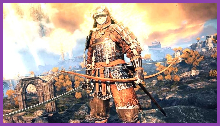 The Samurai starting class standing in the open world of Elden Ring