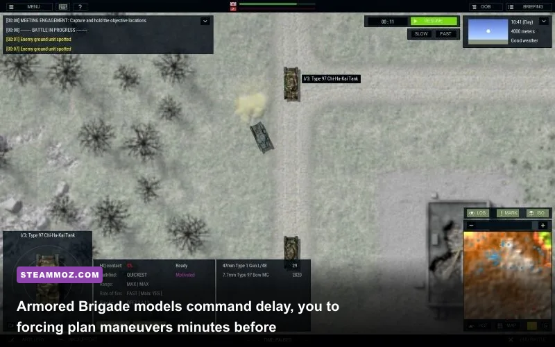 Armored Brigade top-down operational combat screen with reconnaissance markers