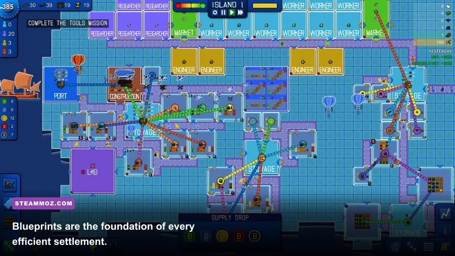 Blueprint Tycoon blueprint editor showing a custom production building layout