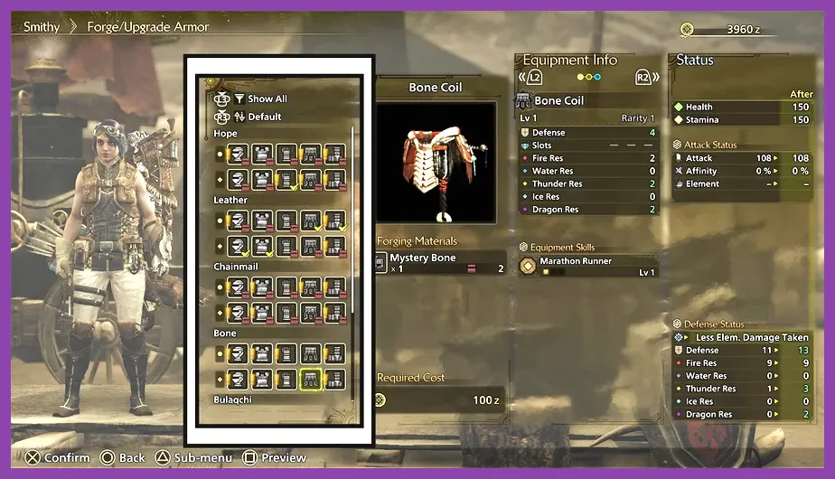 Armor crafting and upgrade interface in Monster Hunter Wilds