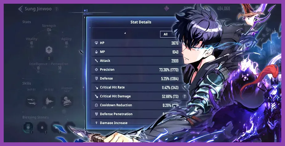 Sung Jinwoo stats screen showing Vitality, HP, defense, and artifact bonuses in Solo Leveling ARISE