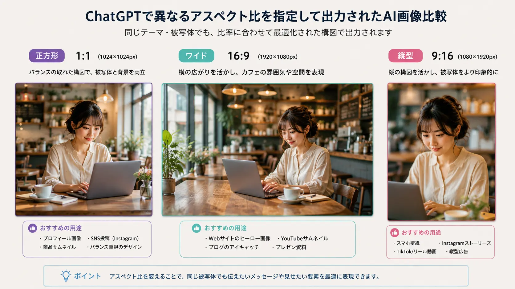 ChatGPTで異なるアスペクト比を指定して出力されたAI画像比較