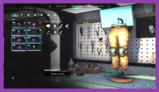 Crafting bench UI showing the Mayfly Goggles headgear and Heavy Duty set armor pieces.