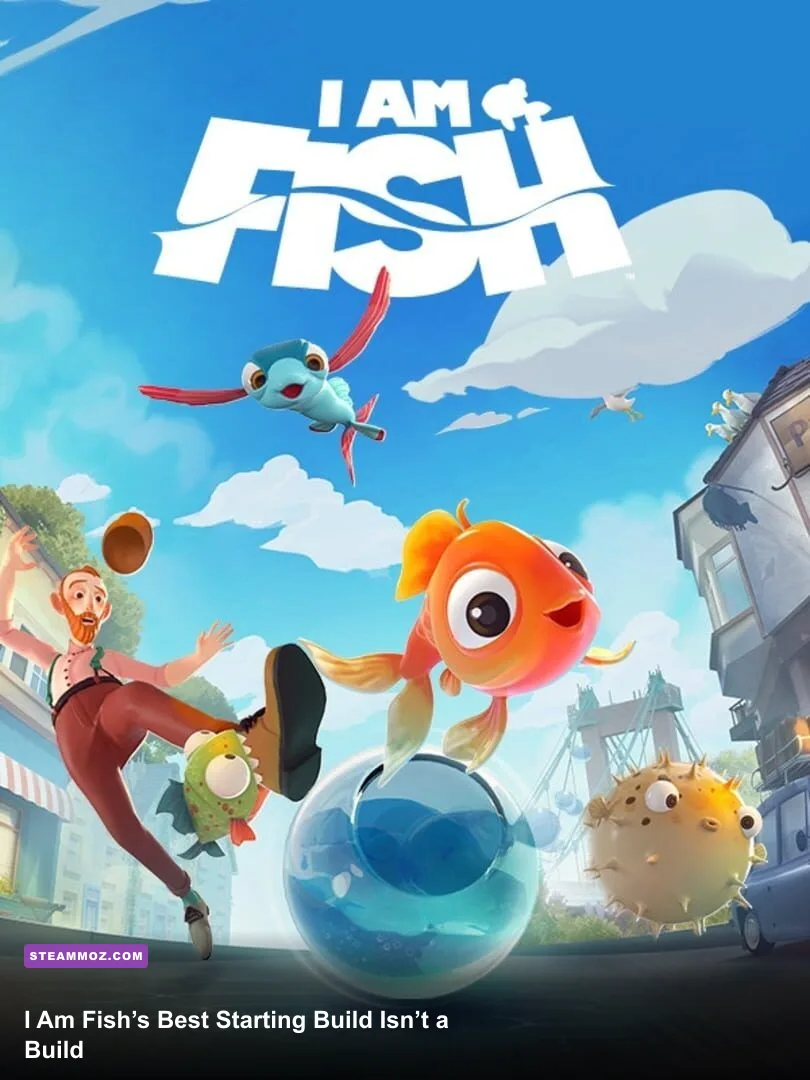 I Am Fish gameplay showing a fish navigating a glass bowl through the countryside