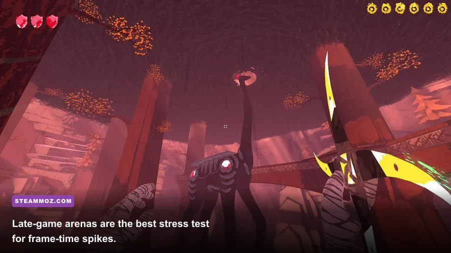 Boomerang X late-game arena battle with enemies surrounding the player